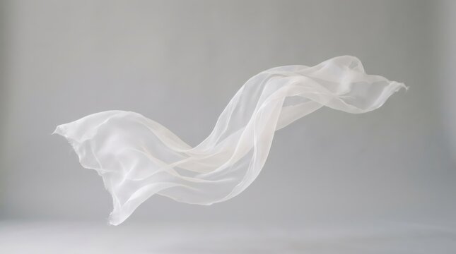 White silk fabric flying in motion. Flowing sheer cloth wave on grey background. Elegant lightweight material blowing in wind. Abstract textile texture for fashion and design concept.