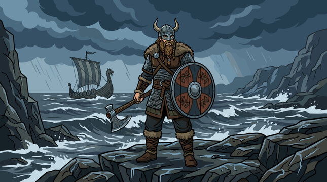 vector viking warrior holding battle axe and shield in fierce stance