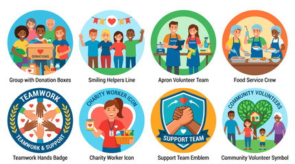 Fototapeta premium Vector Set of Diverse Community Volunteers Engaged in Various Charity and Teamwork Activities Indoors and Outdoors