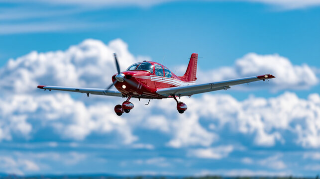 Small red airplane flying in clear blue sky with fluffy white clouds, recreational aviation concept, light aircraft photography, defocused blue sky background, with copy space