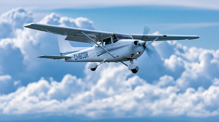 Fototapeta premium Private small engine airplane flying among dramatic clouds with visible cockpit and blue sky, commuter aviation concept, general aviation photography, defocused cloud background,