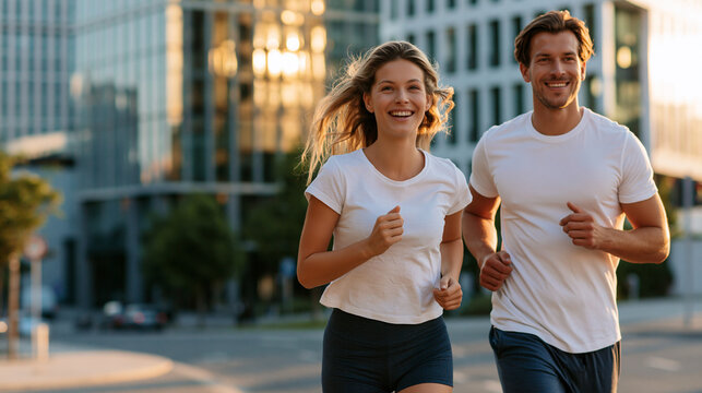 Happy young couple jogging together through a modern city street during a beautiful golden hour sunset for fitness and healthy lifestyle