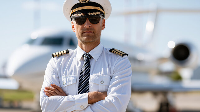 Faceless confident pilot standing in front of private jet on tarmac, executive aviation concept, private flight photography, defocused jet background, with copy space