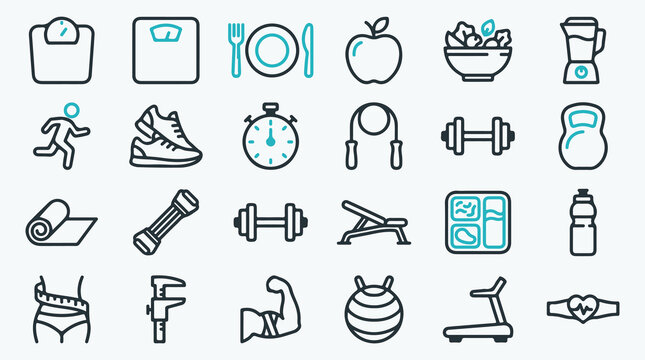 Collection of Fitness and Health Outline Icons for Wellness and Exercise Concepts