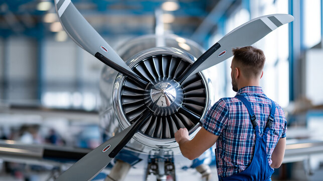Faceless aircraft maintenance technician inspecting turboprop engine of small plane in hangar, aviation engineering concept, aircraft service photography, defocused hangar