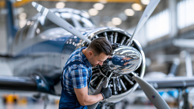 Faceless aircraft maintenance technician inspecting turboprop engine of small plane in hangar, aviation engineering concept, aircraft service photography, defocused hangar