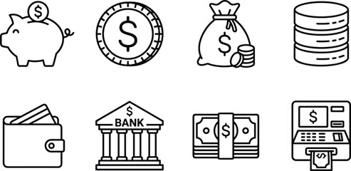 Naklejka premium Set of eight financial icons representing money, savings, and banking services