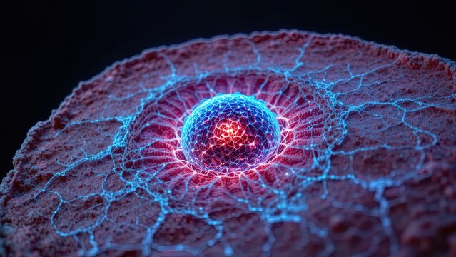 A microscopic view reveals a glowing biological cell with intricate internal structures and surrounding neural pathways.