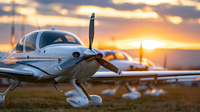 Four small aircraft parked at private airfield with propellers visible against sunset background, general aviation fleet concept, private airstrip photography, defocused golden