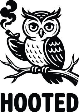 Smiling owl silhouette smoking cigarette sitting on tree branch with text Hooted for logo design