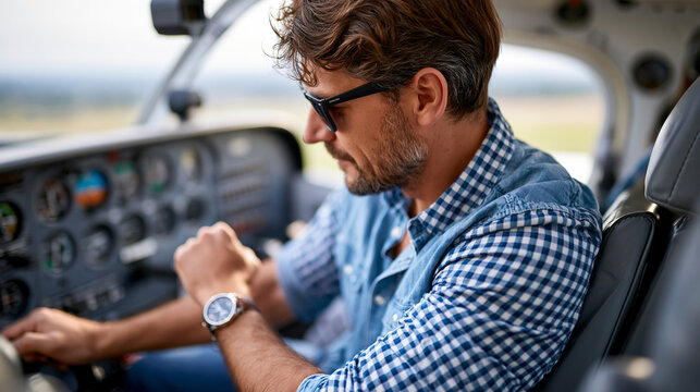 Faceless man sitting in cockpit of small plane with instrument dashboard visible, private pilot concept, aviation lifestyle photography, defocused cockpit background, with copy
