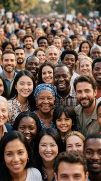 Diverse group of smiling woman, man, and child standing closely together. World Population Day collective portrait capturing multicultural community and human unity. Global society gathering.