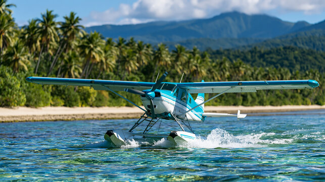 Small seaplane landing on tropical beach with palm trees and mountain backdrop, exotic aviation concept, coastal flying photography, defocused turquoise water background, with