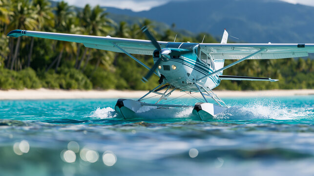 Small seaplane landing on tropical beach with palm trees and mountain backdrop, exotic aviation concept, coastal flying photography, defocused turquoise water background, with