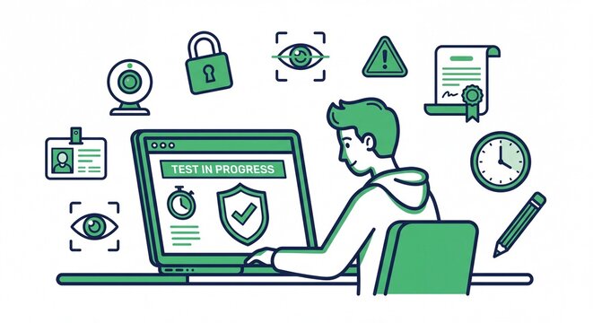 Person taking online test with security icons around