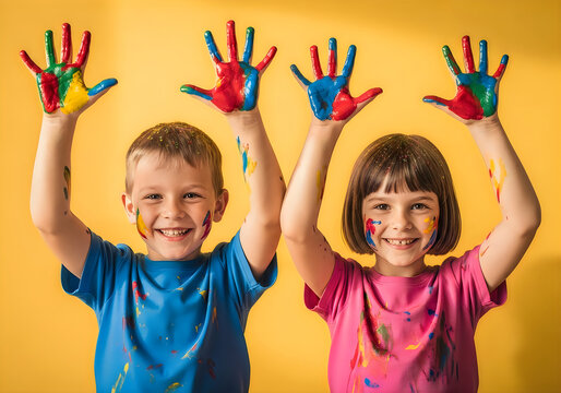 Happy young boy and girl with colorful painted hands raised up smiling against a vibrant yellow background for art school concept