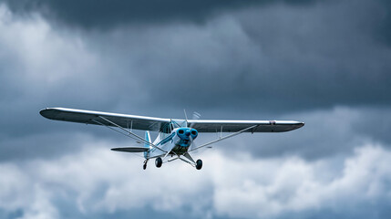 Naklejka premium Concept of courage and freedom with tiny plane soaring through heavy gray storm clouds, overcoming adversity concept, dramatic aviation photography, defocused dark cloud
