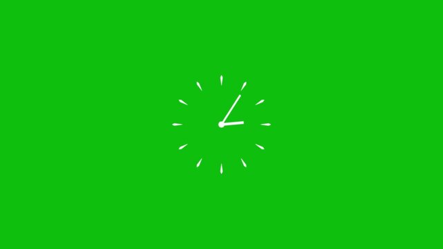 Vintage clock animation loop on green background. White hands and markers clock icon with symbolizing time passing motion graphic.