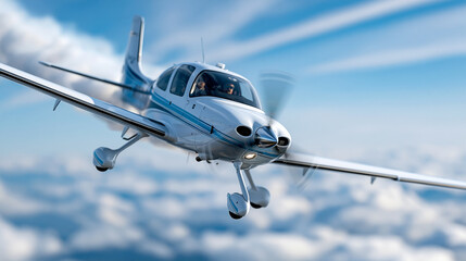 Naklejka premium Small white aircraft with blue stripe airborne creating contrail with propeller and visible cockpit, light aviation concept, private aircraft photography, defocused sky