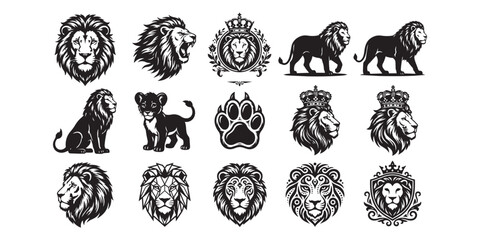 Lion vector illustration collection featuring royal emblems heads and profiles predator illustration silhouette collection monochrome engraving © Nur-uz-zaman