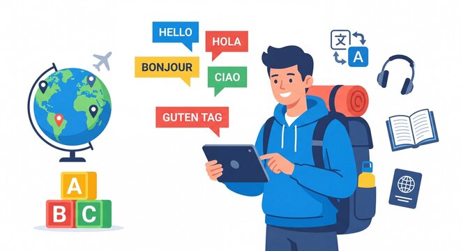 Young man with backpack using tablet for language learning