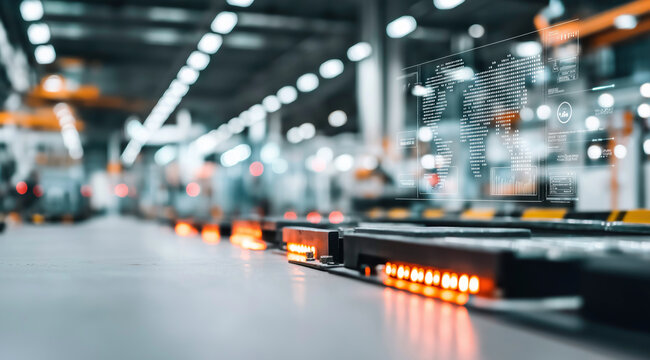 A factory conveyor belt glows beneath a transparent digital interface displaying global data and connectivity graphics.