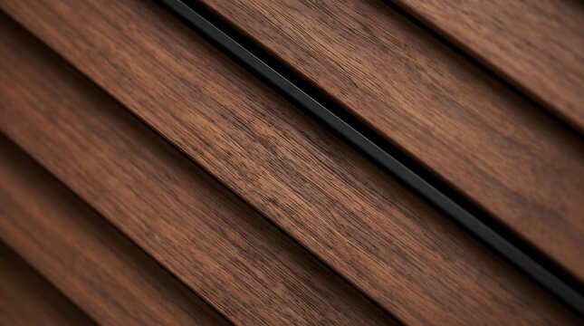 Premium architectural background of a minimalist dark walnut wood louver with clean natural grain, recessed matte black metal line, and wide texture copy space