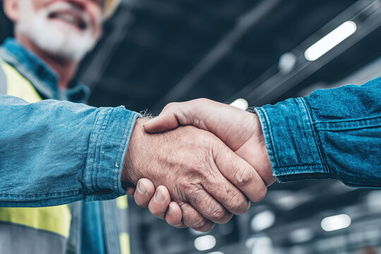Two workers in denim jackets shake hands firmly inside an industrial factory, symbolizing partnership and agreement.