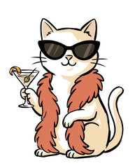 Obraz premium Funny cartoon illustration of a sophisticated cream-colored cat wearing dark sunglasses and a glamorous reddish feather boa, holding a martini glass with an olive on a white background.