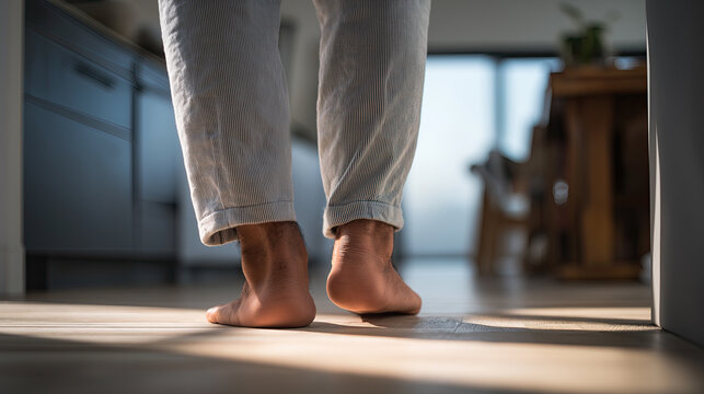  Bare feet walk toward a sunlit kitchen, casting long shadows across warm wooden flooring in early morning light.