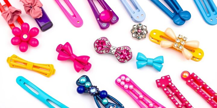 Stylish collection of colorful hair clips and barrettes on white background, object, ecommerce