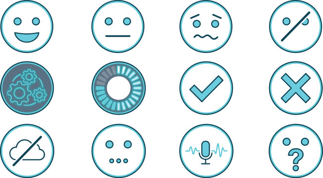 Minimalist Cyan UI Dashboard Icons Loading Wheel Settings Gear and Face Emoticons Vector Clipart Set