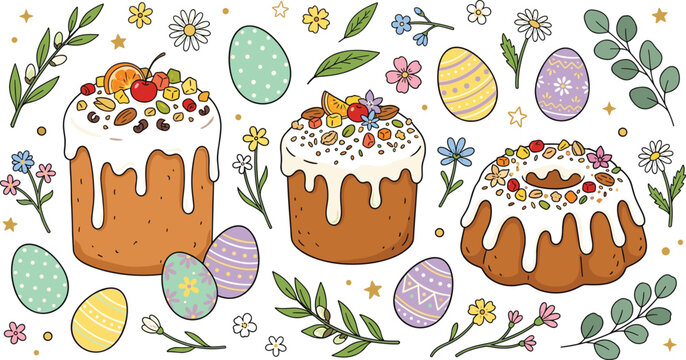 Traditional Easter Cakes Kulich Bundt Cake and Decorated Eggs Vector Clipart Set