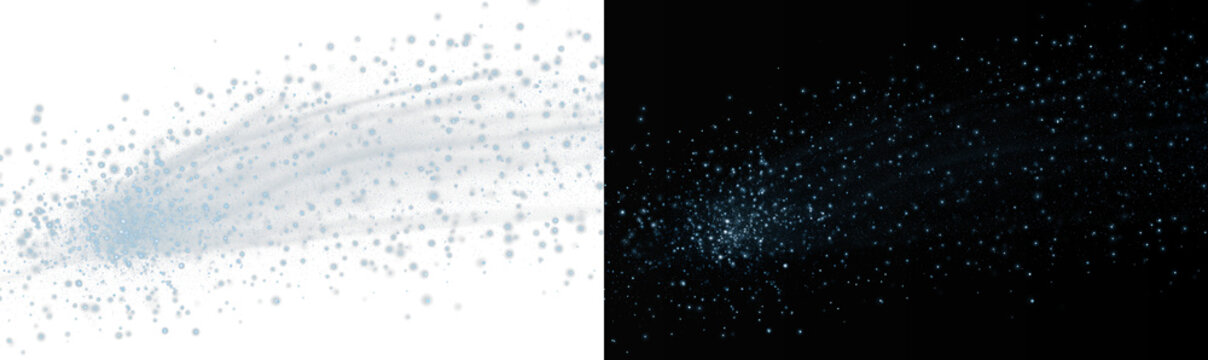 Blue particles trail on white and black background, glowing stardust comet tail split screen