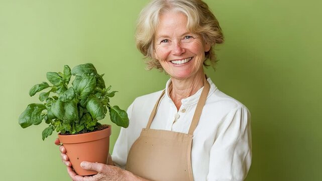 Smiling senior woman holding potted herb plant against green background