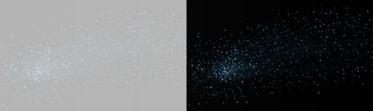 Blue particles trail on gray and black background, glowing stardust comet tail split screen