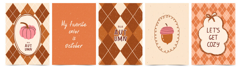 Autumn vintage poster set with hand drawn pink textured pumpkin, acorn, decorative frames, lettering, and argyle diamond plaid pattern background. Trendy printable cozy holiday wall art collection © Svitla