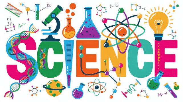 Colorful science-themed word illustration with playful lab equipment icons