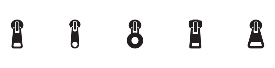 Zipper puller slider icon set. Clothing zip fastener symbol. Garment textile hardware sign. Flat black silhouette. Vector illustration. Vector Graphic. EPS 10 © Jeremy_Show