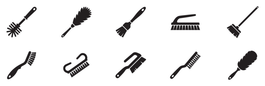 Cleaning brush and duster icon set. Housework equipment symbol. Toilet, floor, and dust brush sign. Flat black silhouette. Vector illustration. Vector Graphic. EPS 10
