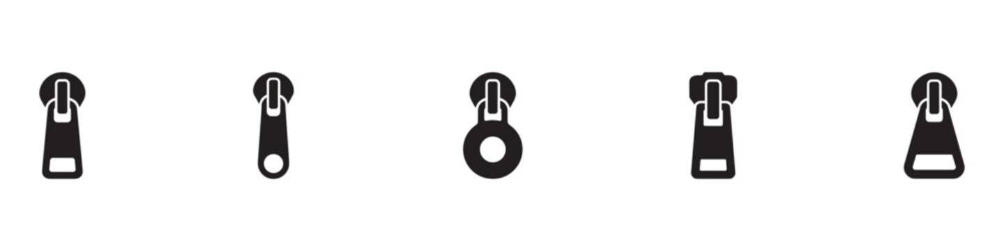 Zipper puller slider icon set. Clothing zip fastener symbol. Garment textile hardware sign. Flat black silhouette. Vector illustration. Vector Graphic. EPS 10