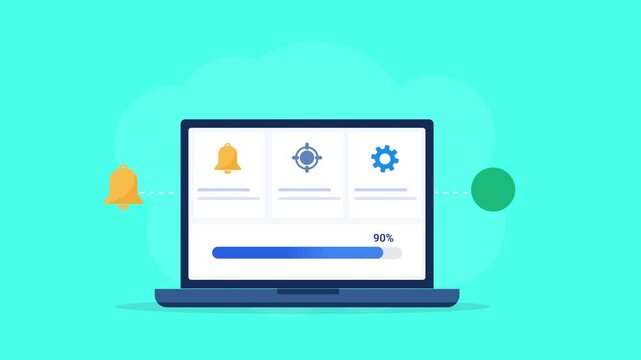 Animated flat vector illustration of a laptop displaying a notification settings dashboard with alert, preferences, and configuration icons. Modern notification management, workflow automation, and pr