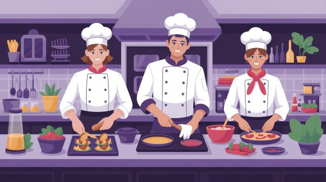 Illustrated chefs preparing food together in modern kitchen cartoon scene composition