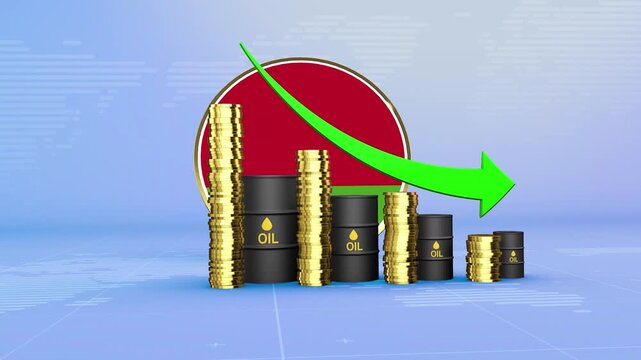 Belarus Oil Prices Decline with Oil Barrels, Gold Coins and Downward Green Arrow, 3D Economic and Financial Market Concept