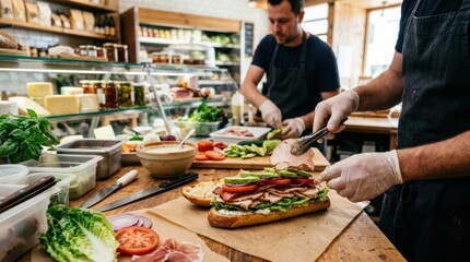 Obraz premium People Preparing Fresh Sandwiches in a Cozy Cafe Kitchen.