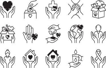 Obraz premium Set of black and white charity and donation icons illustrated as a vector on transparent background