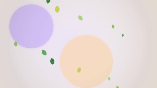 Abstract motion background with falling green leaves and pastel circles