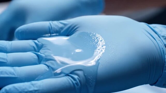 Close up clinical scene showing light blue nitrile gloved hand held palm up as clear viscous liquid is released from overhead pipette, forming glossy pooled droplet with tiny edge, precise sterile