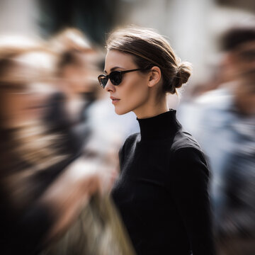 Elegante Frau mit Sonnenbrille inmitten einer verschwommenen Menschenmenge. Ausdrucksstarkes Lifestyle-Motiv zu Gro&szlig;stadt, Hektik, Fokus, Individualit&auml;t, Business und urbanem Leben.