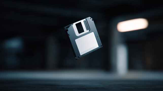 Schwebende Diskette als Symbol f&uuml;r Datenspeicherung und digitale Technologie. Retro-Tech-Motiv zu Computersoftware, Backup, IT, Digitalisierung, Nostalgie und Speichermedien.